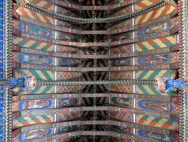 The nave ceiling (detail), painted by the Rector's wife, Mrs. Mildred Holland, between 1859 and 1866 -- The Church of St Mary, Huntingfield, Suffolk, England